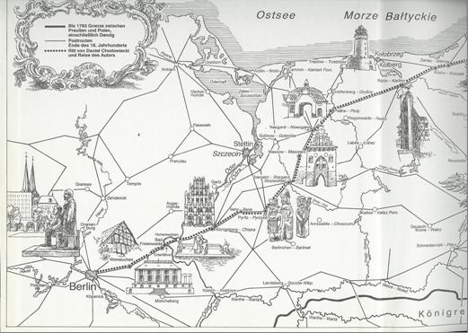 Trasa, jaką pokonał Daniel Chodowiecki w 1773 roku na obszarze województwa zachodniopomorskiego i Niemiec.