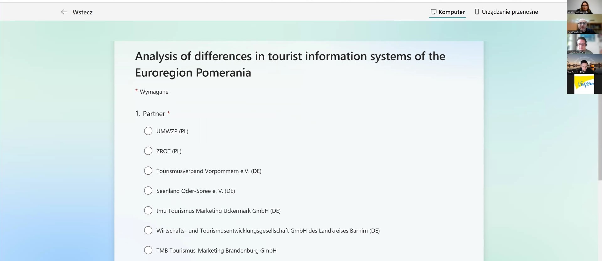 spotkanie w sprawie analiz różnic w systemach informacji turystycznej Euroregionu Pomerania Zadanie realizowane jest w ramach EFRR - Program Współpracy Interreg VI A Mecklenburg- Vorpommern / Brandenburg / Polska 2021 – 2027.